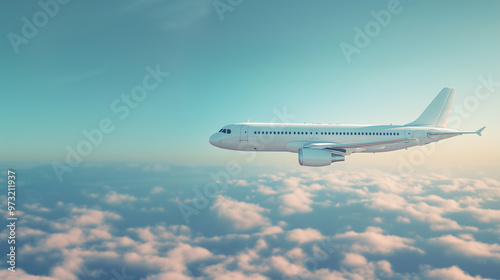 Airplane Flying Against a Clear Sky – Captivating Image of a Airplane Soaring Through the Open Sky, Perfect for Travel, Aviation, Adventure Themes, and Sky-Related Visuals in  Creative Projects. photo