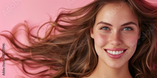 Portrait of a smiling woman showcasing hair and skin care, featuring hair treatment on a pink background. Highlights cosmetics, grooming, and a healthy hairstyle