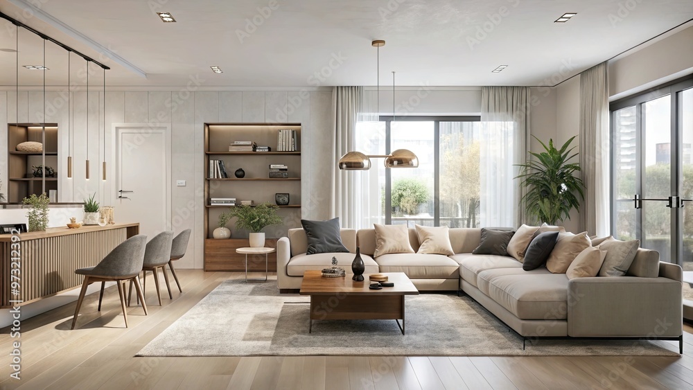 Fototapeta premium Elegant minimalist home interior with clean lines, neutral colors, and modern furnishings, creating a serene and uncluttered living space.