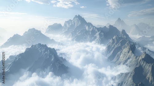 Majestic mountain scenery with sharp, rocky peaks jutting through a thick layer of clouds, creating a stunning contrast against the bright sky. Close-up photo with clean background