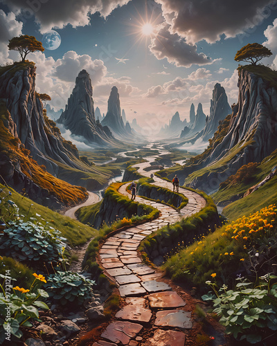 Beautiful fantasy landscape with a path in the middle of the mountains