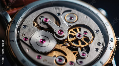 Detail of mechanical watch mechanism close-up.