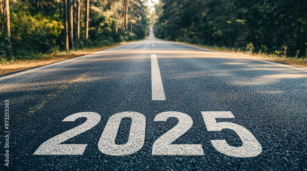 2025 written on the asphalt road, highway in a forest.