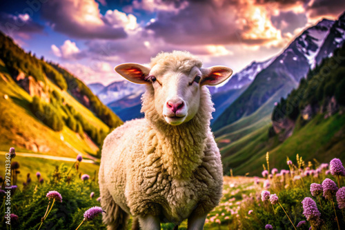 Sheep Grazing in a Mountainous Meadow at Sunset photo