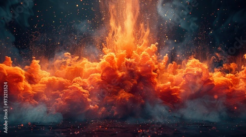 Fiery Burst: Abstract Explosion of Red, Orange, and Black Paint in Dynamic and Dramatic Motion