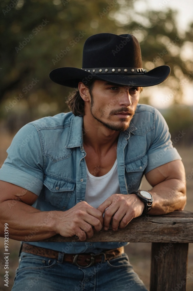 Fototapeta premium Handsome man in a cowboy hat leaning on a fence during golden hour in a scenic rural setting. Generative AI