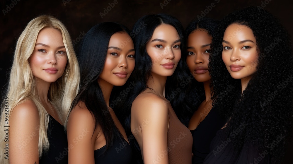Obraz premium Diverse beauty: cinematic portrait of five women embracing global elegance