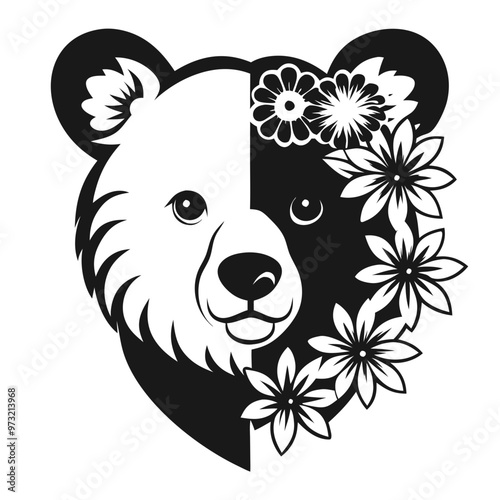 Artistic black and white graphic illustration of a bear's face with floral decorations