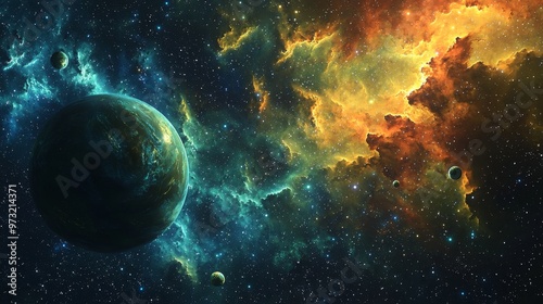 Fototapeta Naklejka Na Ścianę i Meble -  A cosmic scene with 3D glowing planets, stars, and nebulas, creating a captivating and luminous outer space environment