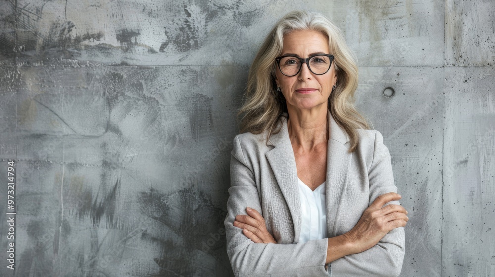 Professional mature woman with an assertive look, dressed in office wear and positioned against a plain, uncluttered backdrop Professional mature woman with an assertive look, dressed in office wear and positioned against a plain, uncluttered backdrop