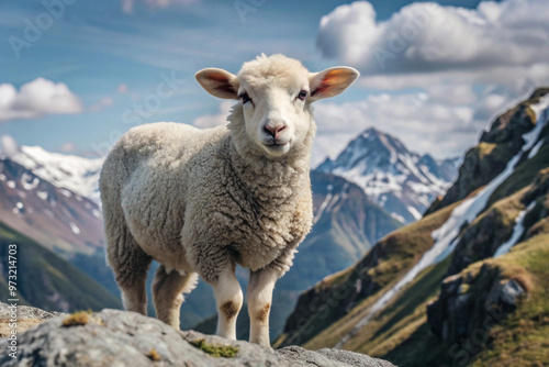 A White Sheep Standing on a Mountain Ridge