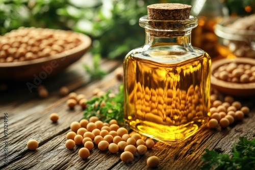 soybean oil on a wooden table, perfect for frying and salads concept banner for soybean oil