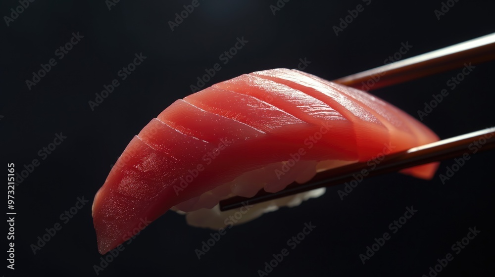 Chopsticks hold sushi with fresh tuna on a black background, close-up. Sushi nigiri tuna. Chopsticks hold sushi with fresh tuna on a black background, close-up. Sushi nigiri tuna.