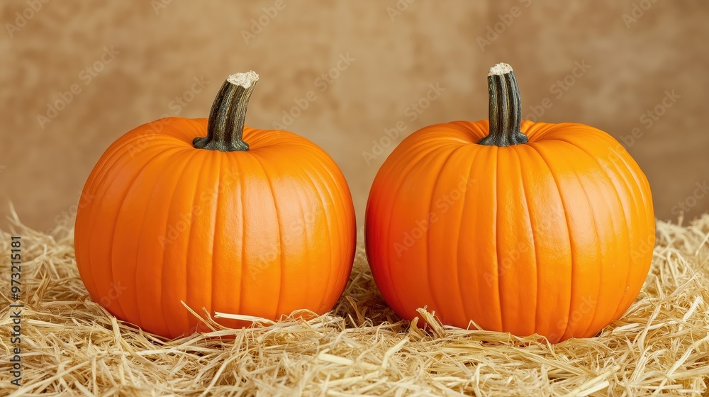 Orange pumpkins on straw. Autumn decor. Autumn harvest. Orange pumpkins on straw. Autumn decor. Autumn harvest.