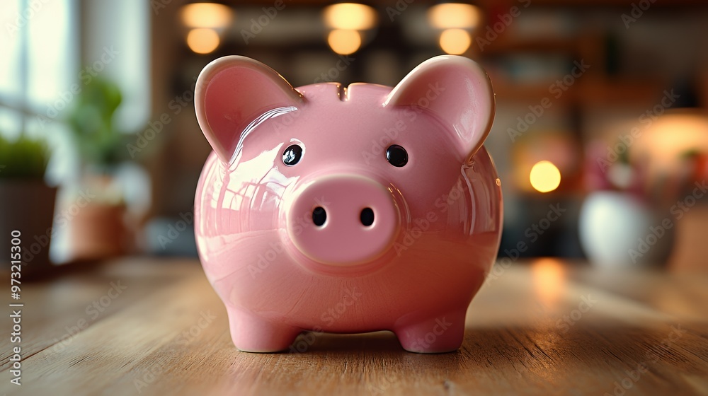 Pink piggy bank on a wooden table. Pink piggy bank on a wooden table.