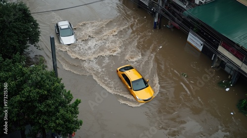 Aerial view of flooded street in bangkok with cars navigating through high water levels photo