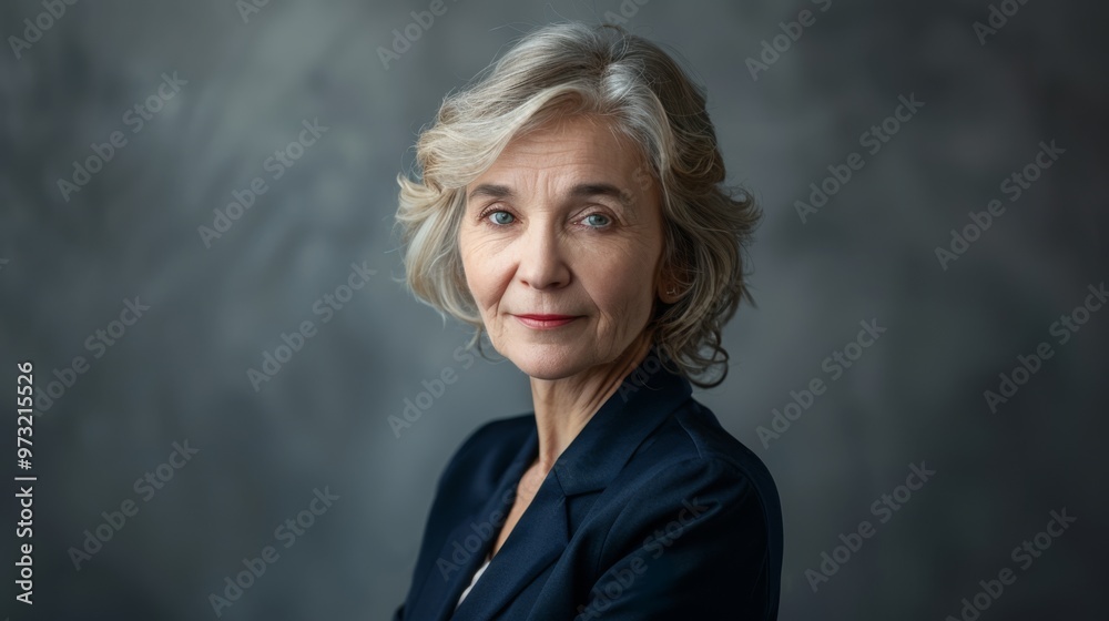 Senior businesswoman in formal attire, with a composed expression and direct gaze towards the camera, set against a plain and polished background Senior businesswoman in formal attire, with a composed expression and direct gaze towards the camera, set against a plain and polished background