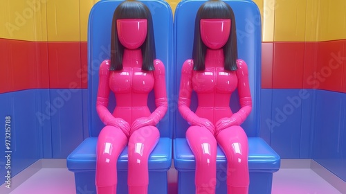 Two vibrant pink mannequins sit side by side in a colorful room, showcasing modern design and artistic expression. photo