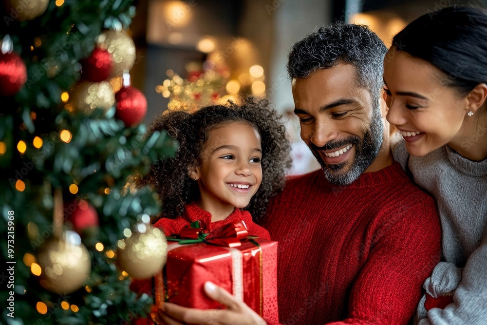 A family gathering around the tree on Christmas morning, exchanging gifts, hugs, and holiday wishes