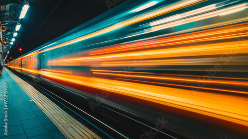 Train Passing in Motion Blur with a Dynamic Background – Captivating Image Capturing the Speed and Energy of a Moving Train, Ideal for Transportation, Travel, and Motion-Themed Visuals. photo