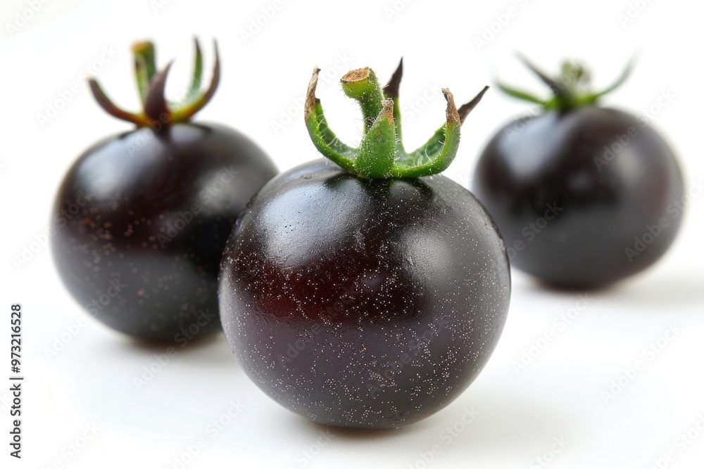Three black tomatoes sit on a white surface, ready for use or display Three black tomatoes sit on a white surface, ready for use or display