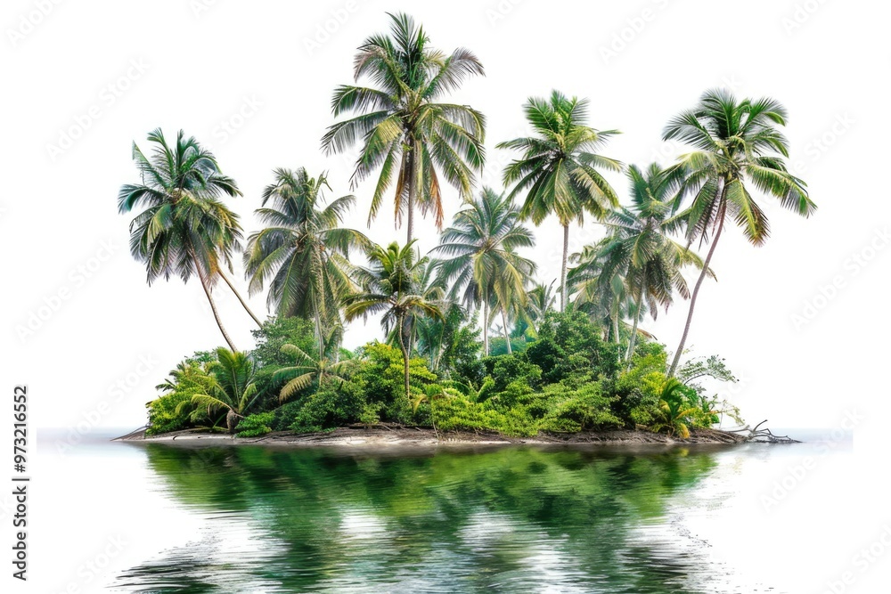 A group of palm trees standing tall on a picturesque island surrounded by lush green vegetation