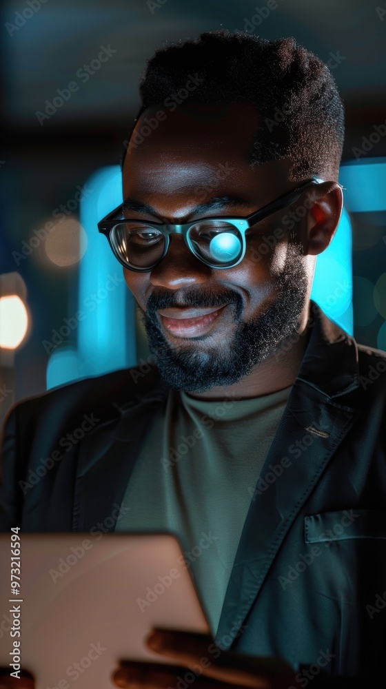 Obraz premium Professional in office using tablet at night, smiling while reading emails about career development and project growth, focused on feedback for startup success