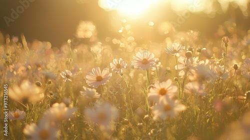 A field of wildflowers swaying gently in the breeze, with a soft focus on the background to create a dreamy, tranquil atmosphere