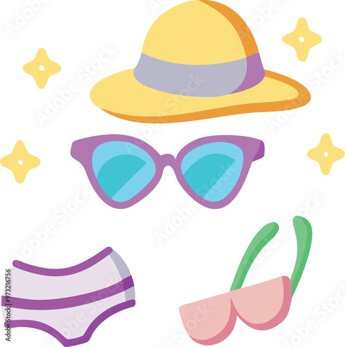 Summer cute elements set. Swimsuit, ice cream, palm leaves, beach umbrella, soda. Isolated vector illustration for posters, cards, background