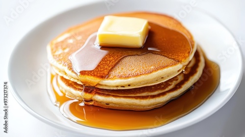 Delicious fluffy pancakes topped with a pat of butter and maple syrup served in a white plate