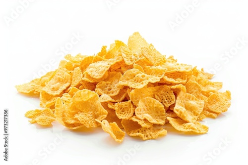 A stack of corn flakes cereal on a clean white surface