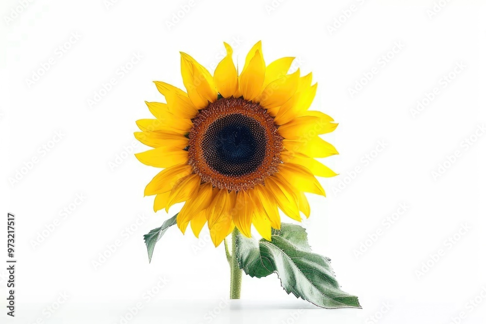 Obraz premium A single yellow sunflower with green leaves against a clean white background