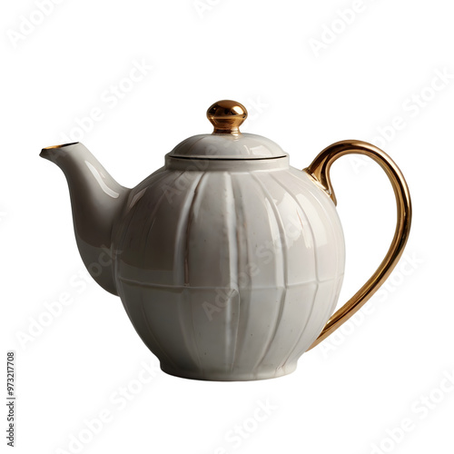 Teapot golden ceramic with design isolated on white and transparent background.
