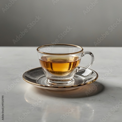 Teacup transparent glass with saucer and tea isolated on white and transparent background