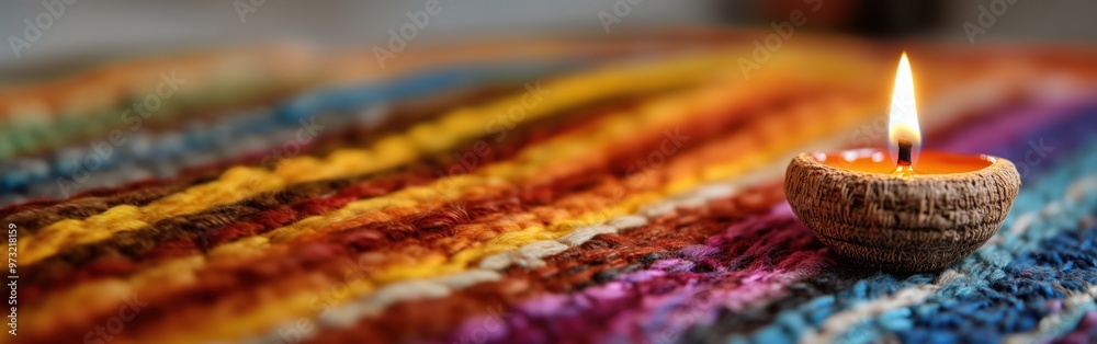 Fototapeta premium Vibrant oil lamp on colorful textile background for spring decor and illumination themes, panoramic banner