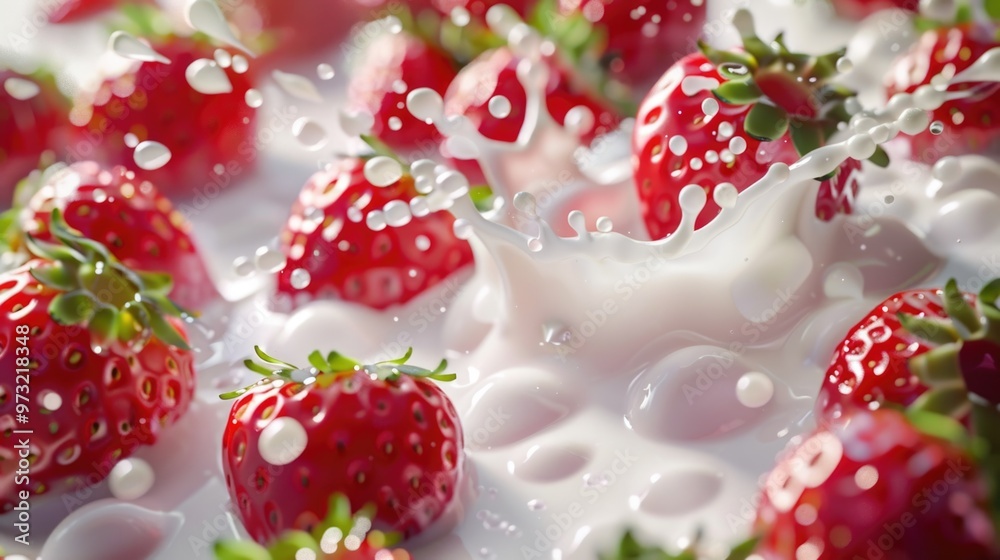A bowl of fresh strawberries being poured with milk, ideal for breakfast or dessert A bowl of fresh strawberries being poured with milk, ideal for breakfast or dessert
