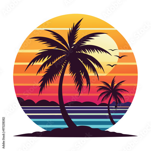 Wallpaper Mural Retro vintage tropical island with sunset and palm trees flat color logo style vector graphic design Torontodigital.ca