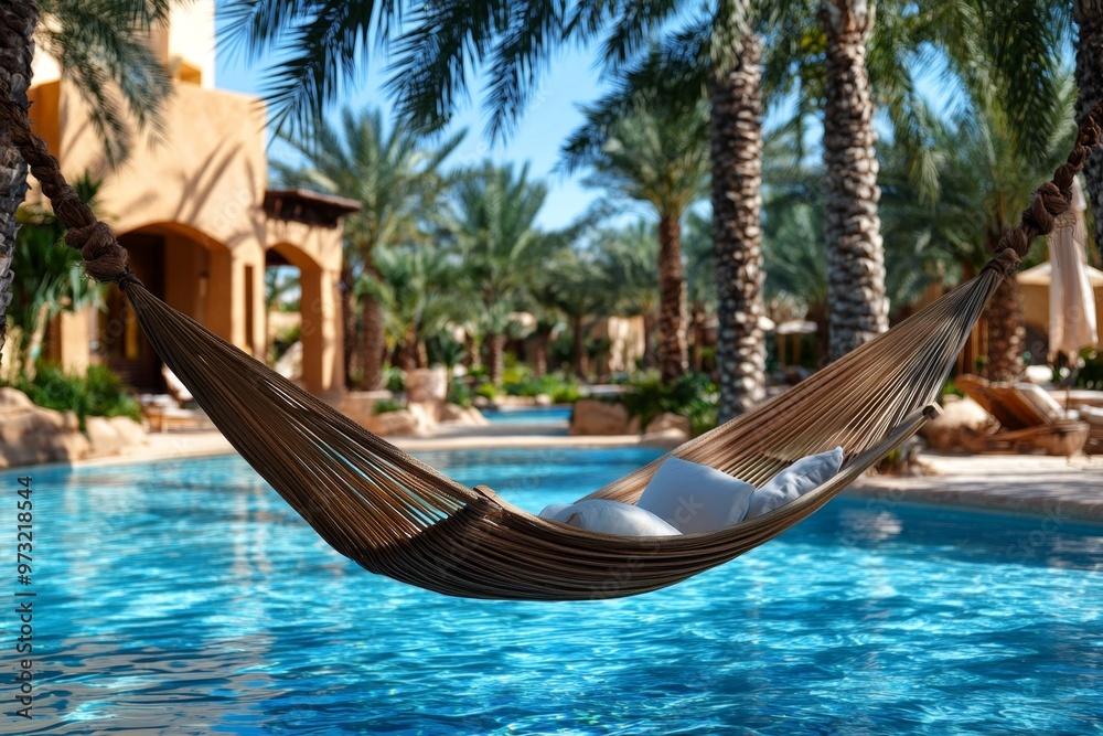 A hammock swinging gently between two palm trees, with a soft breeze blowing across the cool water of the oasis A hammock swinging gently between two palm trees, with a soft breeze blowing across the cool water of the oasis