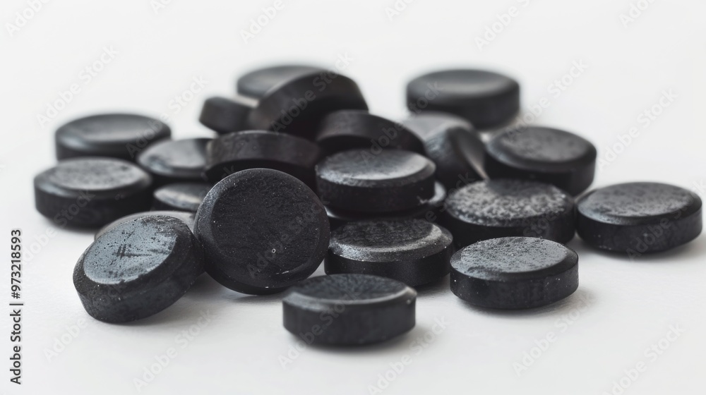 A stack of black pills on a table A stack of black pills on a table
