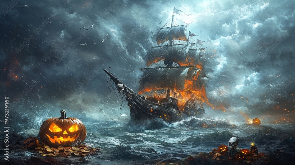 Naklejka premium Pirate-themed Halloween card, spooky pirate ship on stormy seas.