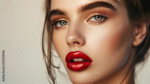 Stylish female model featuring matte lips Chic beauty and makeup advertisement Close-up photo with clean background