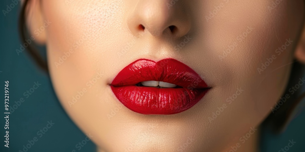 Obraz premium Beauty and glamour of a woman with lipstick kiss in studio, showcasing vibrant lips and radiant skin for skincare inspiration and aesthetic appeal on a special occasion