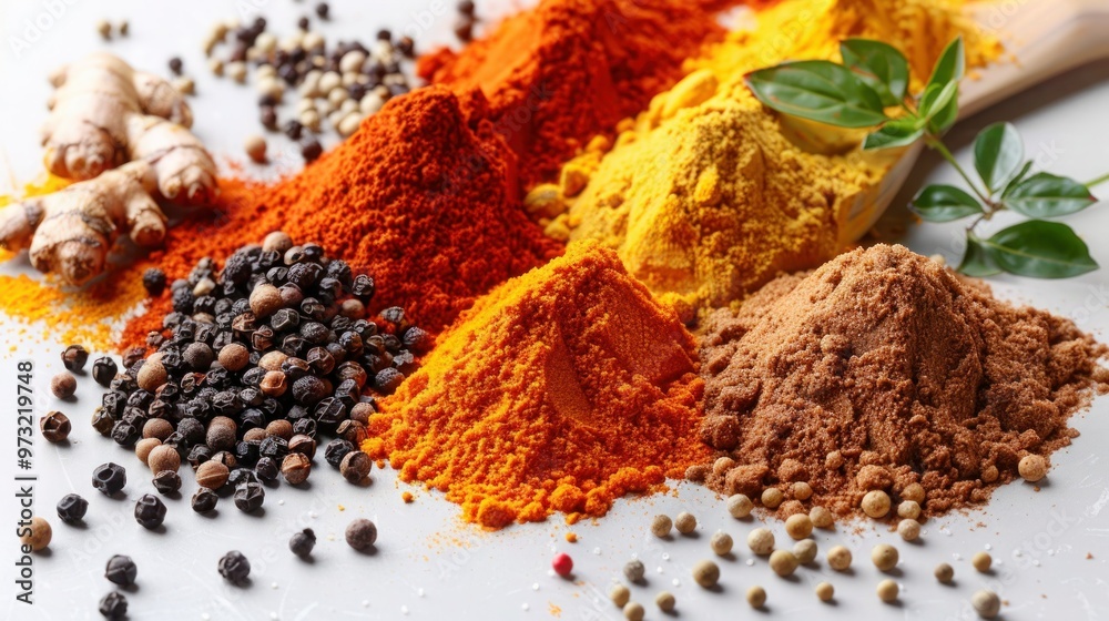 Spice Powders: Curry, Curcuma, Pepper, Cayenne, Ginger, Turmeric, Isolated on White Background