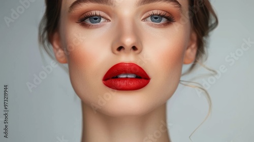 Stylish woman showcasing her bold lips Modern luxury cosmetics and makeup Close-up photo with clean background