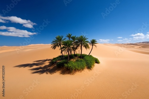 A lush oasis in the middle of endless dunes, where a small island of palm trees provides shade and cool breezes