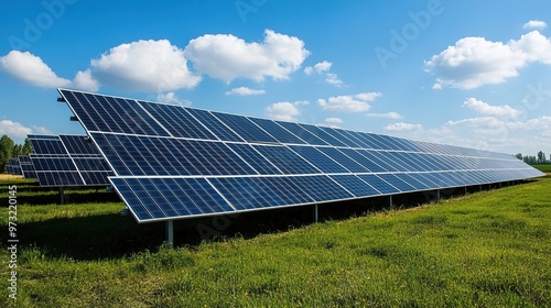 Solar farms generating clean energy on a large scale.