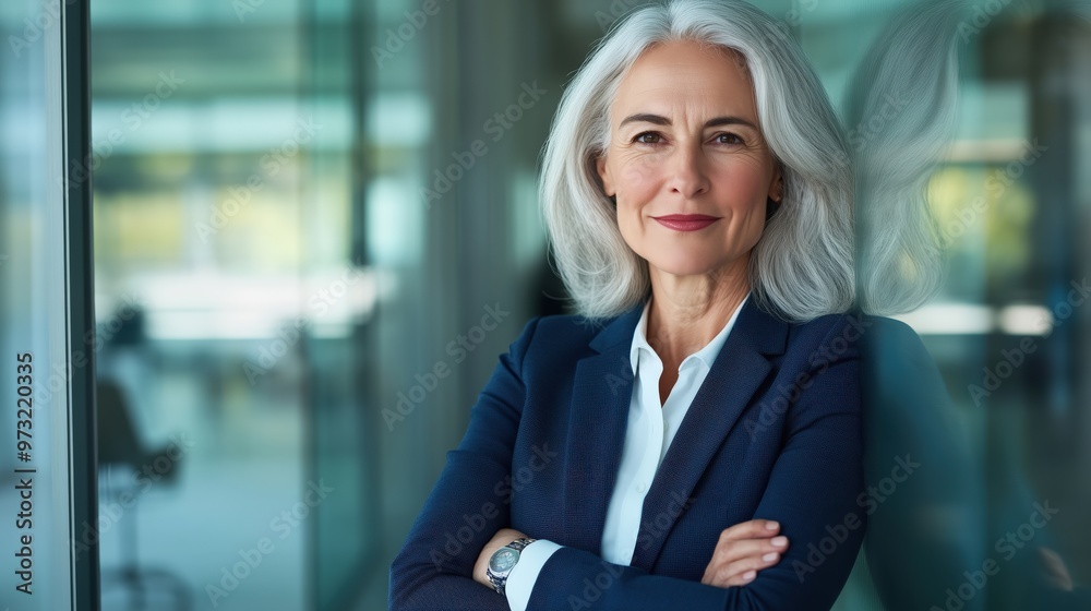 Fototapeta premium Elegant senior businesswoman in professional attire reflecting confidence and success, panoramic banner