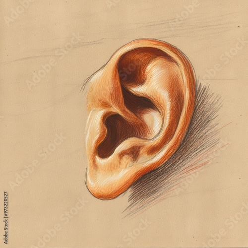 Detailed Pencil Drawing of a Human Ear on Paper Background photo