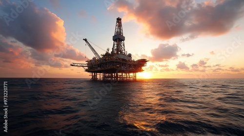 Offshore oil rig at sunset: majestic ocean scene for energy and industry themes photo