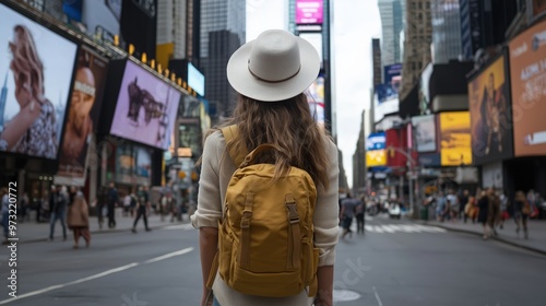 Adventurous woman exploring times square in new york city